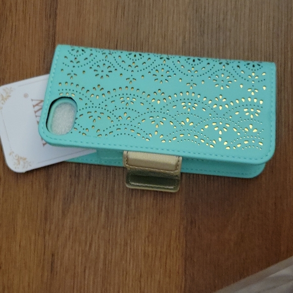 WWW mint green gold iPhone 8 Case 7 plus 8 plus PU wallet card holder strap New - Picture 3 of 5